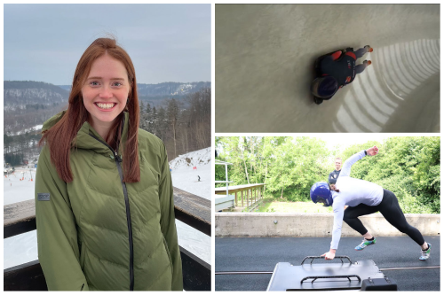 Photos of law grad and skeleton athlete Eleanor Griffin: during some winter training downtime; on the skeleton track; and training at the push track in Bath.
